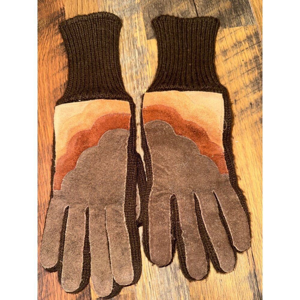 Vintage 80's Brown‎ Knit Gloves With Suede Design